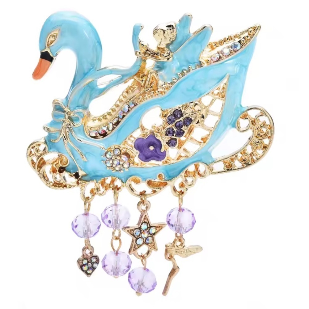 Vintage Blue Swan Gold Enamel Crystals & Charms Brooch